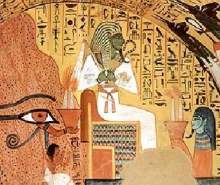 Osiris on this throne in front of the Theban hills - from the tomb of Pashedu.