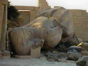 The massive rose granite statue of Ramses II lies face down in the sand and prompted Shelley to write the poem Ozymandias.