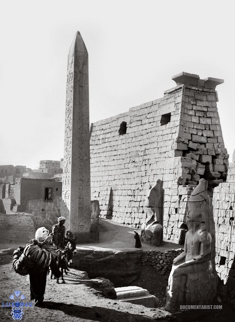 obelisk at entrance to temple of luxor. luxor egypt. 1900-1920