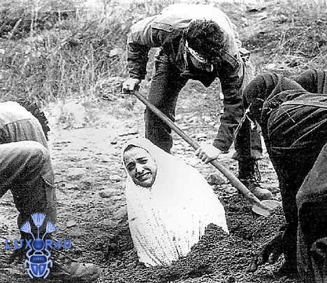An Iranian woman being prepared for stoning