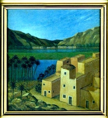 Nubian village.  Oil on wood